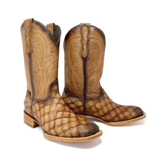 Pair of Artillero men’s cowboy boots in amaretto leather with imitation pirarucu vamp, stitched 12 inch shaft, and 1.5 inch heel