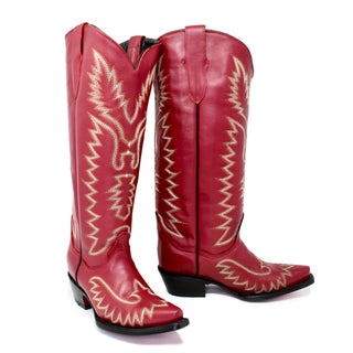 Pair of Rancher's women’s Red cowboy boots with 16 inch embroidered shaft, 2 inch heel, and snip toe design