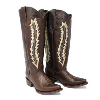 Pair of Rancher's women’s brown cowboy boots with 16 inch embroidered shaft, 2 inch heel, and snip toe design