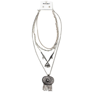 Layered Chain Necklace with Oval Pendant and earrings set- Silver