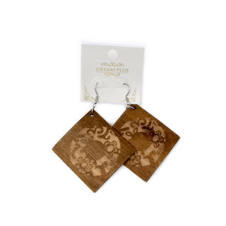 Wooden Square Floral Engraved Earrings - Light Brown