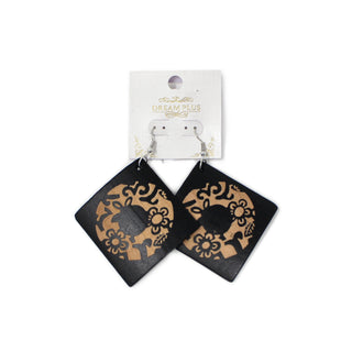 Wooden Square Floral Engraved Earrings - Black