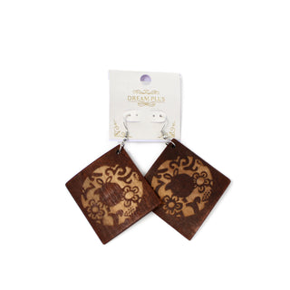 Wooden Square Floral Engraved Earrings - Dark Brown