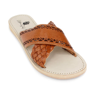 Women’s Honey Mexican leather slide sandal with geometric cutout upper, braided crossover strap and light leather footbed