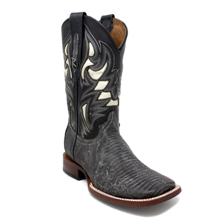 Ranchers Rustic Black Tegu Lizard Square Toe Cowboy Boots