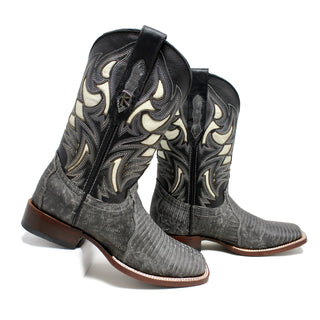Ranchers Rustic Black Tegu Lizard Square Toe Cowboy Boots