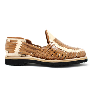 Bandoleros men's handmade two-tone cream and tan leather Mexican huarache sandals featuring traditional woven genuine leather slip-on design