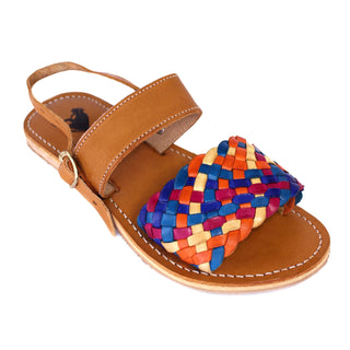Women’s cognac Mexican huarache sandals with multicolor woven leather front strap and adjustable ankle buckle