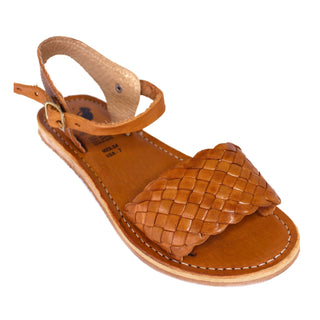 Women’s honey woven leather Mexican huarache sandals with adjustable ankle strap and gold-tone buckle