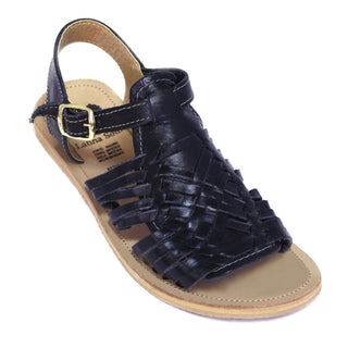 Women’s black woven leather Mexican huarache sandals with adjustable ankle strap and gold-tone buckle