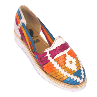 Women’s Bone/ Multicolor woven leather Mexican huarache sandals with closed toe and light-colored sole