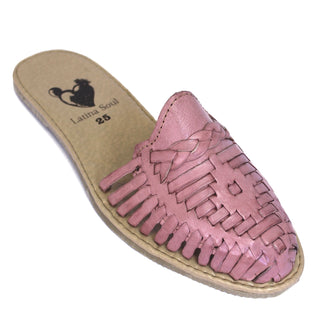 Women's handmade Pink genuine leather huarache mule sandals featuring a traditional woven leather upper, backless slip-on design, cushioned leather footbed, flexible rubber outsole, and authentic Mexican artisan craftsmanship.