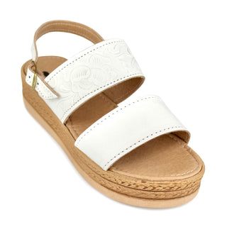 Women’s white leather Mexican platform sandals with embossed floral design, adjustable ankle strap and natural tan sole
