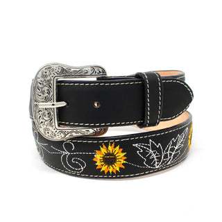 Leather Sunflower Belt w/ Silver Buckle - Black