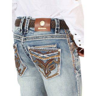 Men’s El General white embroidered bootcut jeans Western outfit front and back view