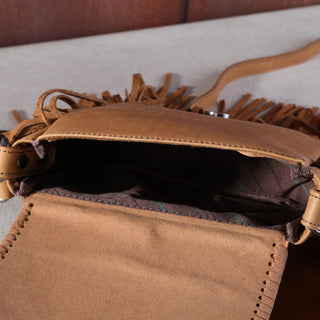 Montana West Genuine Leather Tooled Fringe Crossbody- Light Brown