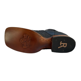 Bottom view of Ranchers black python leather Chelsea boot featuring a genuine leather outsole with Ranchers logo and rubber heel cap.