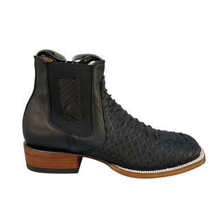 Side profile of Ranchers black genuine python Chelsea boot with wide square toe, elastic side gore panels, leather heel, and handcrafted leather outsole.