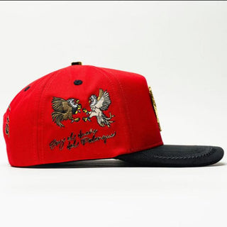 Side view of Gallo Roja red snapback hat with embroidered fighting roosters – BIGG BOSS