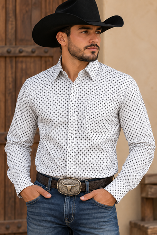 Lamasini Men's White Geometric Print Long Sleeve Western Shirt