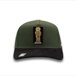 San Judas Green Snapback by Bigg Boss with gold Saint Jude emblem and black brim.