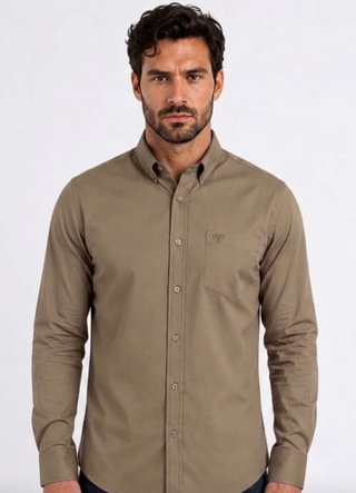 Platini Men's Single Pocket Logo Modern Fit Stretch Dress Shirt - Brown
