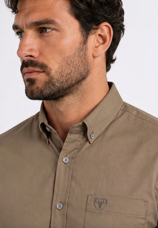 Platini Men's Single Pocket Logo Modern Fit Stretch Dress Shirt in Khaki Beige