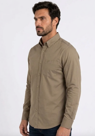 Platini Men's Single Pocket Logo Modern Fit Stretch Dress Shirt - Brown