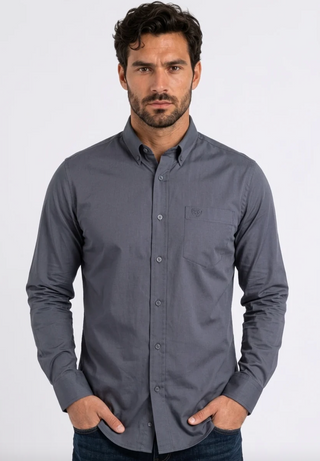 Platini Men's Single Pocket Logo Modern Fit Stretch Dress Shirt - Charcoal