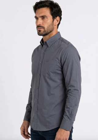 Platini Men's Single Pocket Logo Modern Fit Stretch Dress Shirt - Charcoal