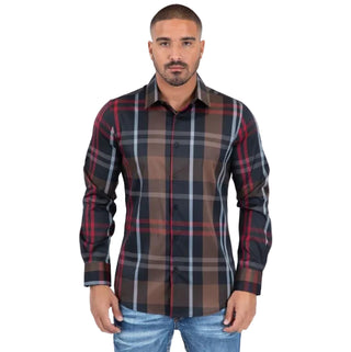 Platini Men's Modern Plaid Button-Up Shirt – Black/Brown/Red