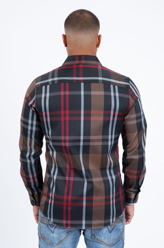 Platini Men's Modern Plaid Button-Up Shirt – Black/Brown/Red