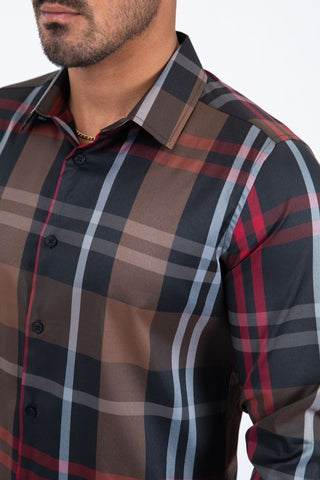 Platini Men's Modern Plaid Button-Up Shirt – Black/Brown/Red