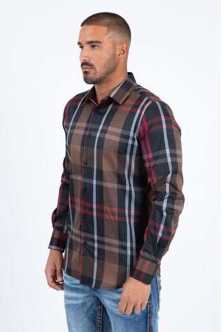 Platini Men's Modern Plaid Button-Up Shirt – Black/Brown/Red