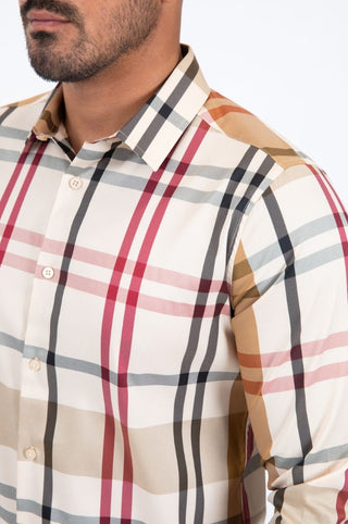 Platini men’s beige plaid long sleeve western button-down shirt
