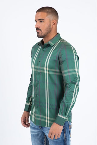 Platini Men's Modern Plaid Button-Up Shirt – Green