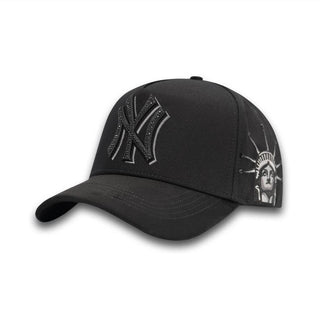 Side angle of NY Black/Gray Snapback Hat with 3D NY emblem and Statue of Liberty embroidery