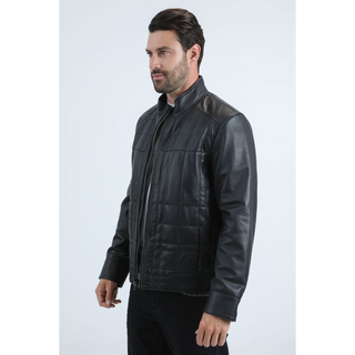 Side view of black genuine leather Western jacket showing quilted panels and tailored fit