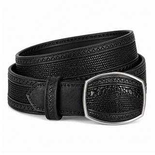 Los Altos Lizard Belt with Western Oval Square Buckle - Sanded Black