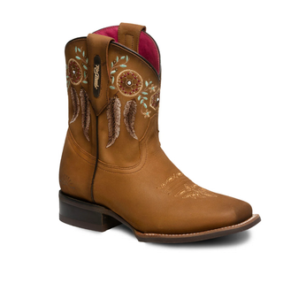 Rio Grande Diana women’s brown square toe western cowboy boot with colorful dreamcatcher and feather embroidery