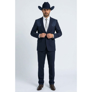 Platini Men's Western Suit with Suede Yoke- Navy