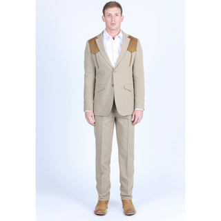Platini Men's Western Suit with Suede Yokes - Khaki