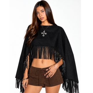 Black Fringe faux sueden western Poncho