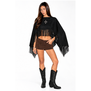Stallion Faux Suede Cropped Flowy Fringe Poncho