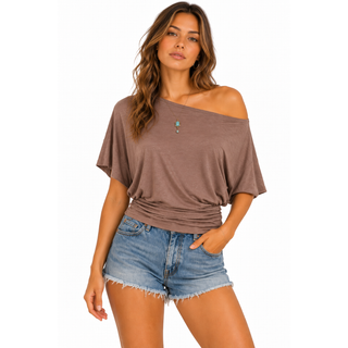 Women's mocha Mocha off shoulder short sleeve top with relaxed fit and ruched waist