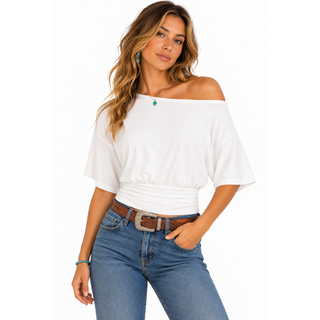 Women's mocha white off shoulder short sleeve top with relaxed fit and ruched waist