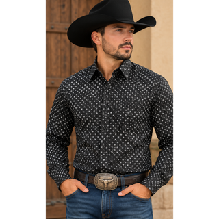 Lamasini Men's Geometric Print Long Sleeve Western Shirt - Black