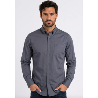Platini Men's Single Pocket Logo Modern Fit Stretch Dress Shirt in Charcoal Gray
