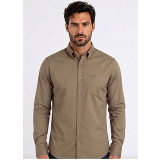 Platini Men's Single Pocket Logo Modern Fit Stretch Dress Shirt in Khaki Taupe