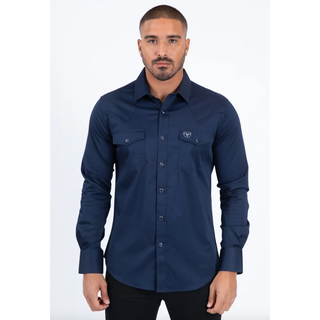 Platini men's navy blue modern fit western dress shirt with snap-front closure, pointed western yokes, dual chest pockets and signature logo detail